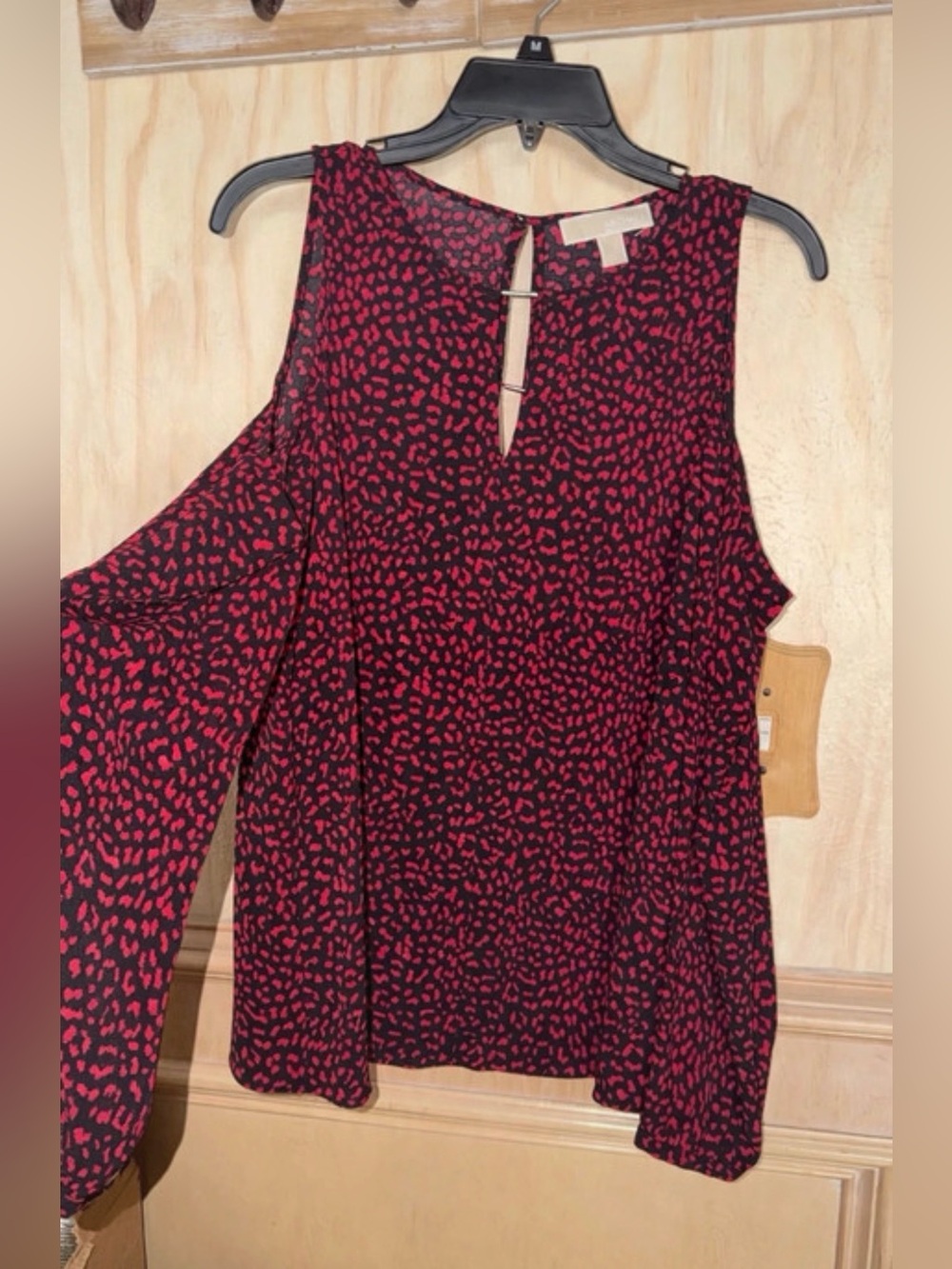 Michael Kors Black Long-Sleeve Cold-Shoulder Top with Red Spot Print